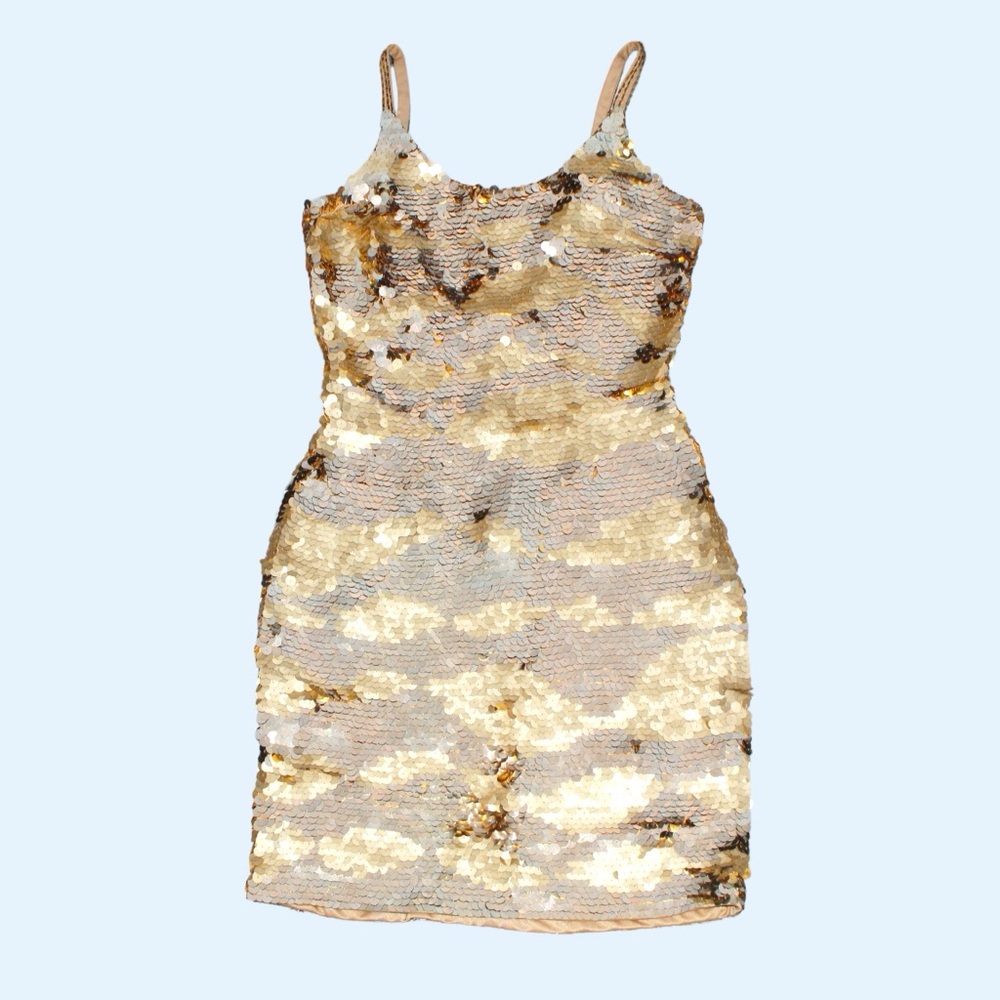 Late 80s/early 90s vintage, gold sequined mini dress